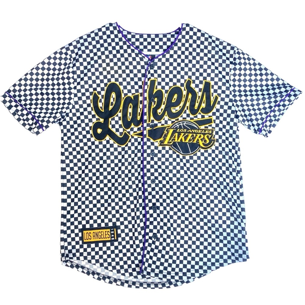 NBA LA‎ Lakers Checkered Baseball Jersey Mens M Thrashed Gorpcore Black White